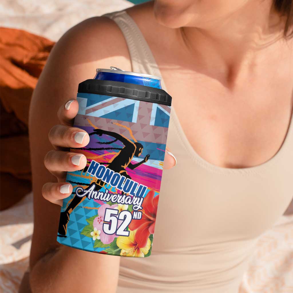 Honolulu Anniversary 52nd Running 4 in 1 Can Cooler Tumbler Marathon Competition Kakau Pattern Blue Color