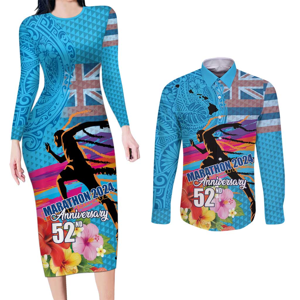 Honolulu Anniversary 52nd Running Couples Matching Long Sleeve Bodycon Dress and Long Sleeve Button Shirt Marathon Competition Kakau Pattern Blue Color