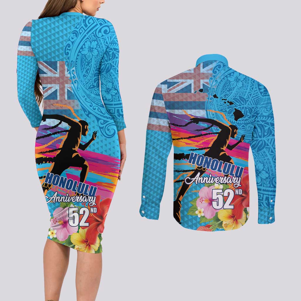 Honolulu Anniversary 52nd Running Couples Matching Long Sleeve Bodycon Dress and Long Sleeve Button Shirt Marathon Competition Kakau Pattern Blue Color