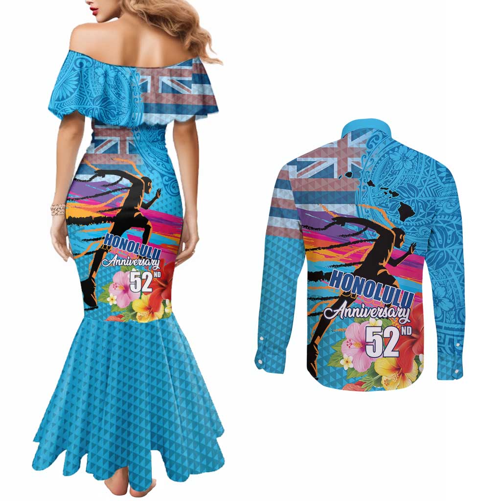 Honolulu Anniversary 52nd Running Couples Matching Mermaid Dress and Long Sleeve Button Shirt Marathon Competition Kakau Pattern Blue Color