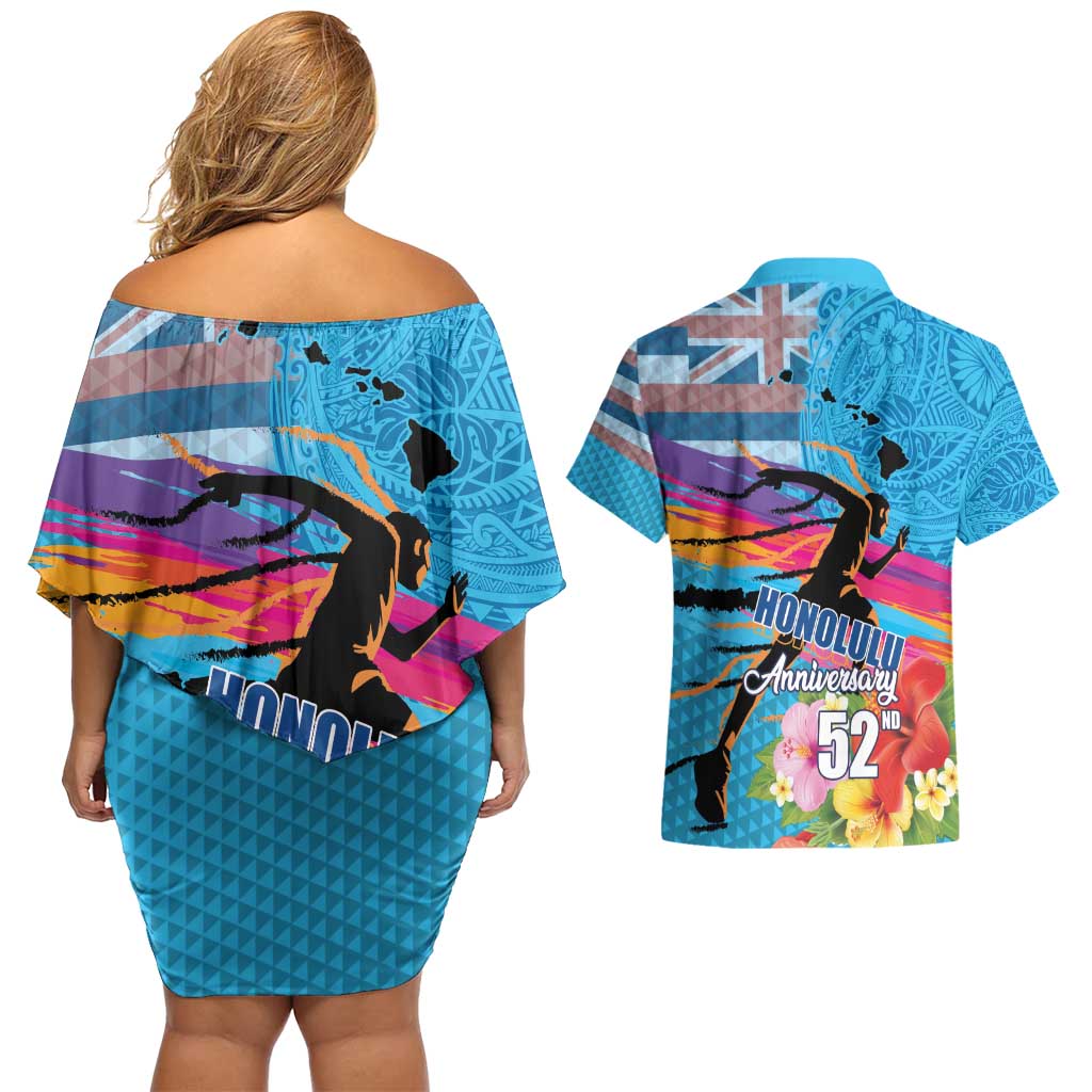 Honolulu Anniversary 52nd Running Couples Matching Off Shoulder Short Dress and Hawaiian Shirt Marathon Competition Kakau Pattern Blue Color