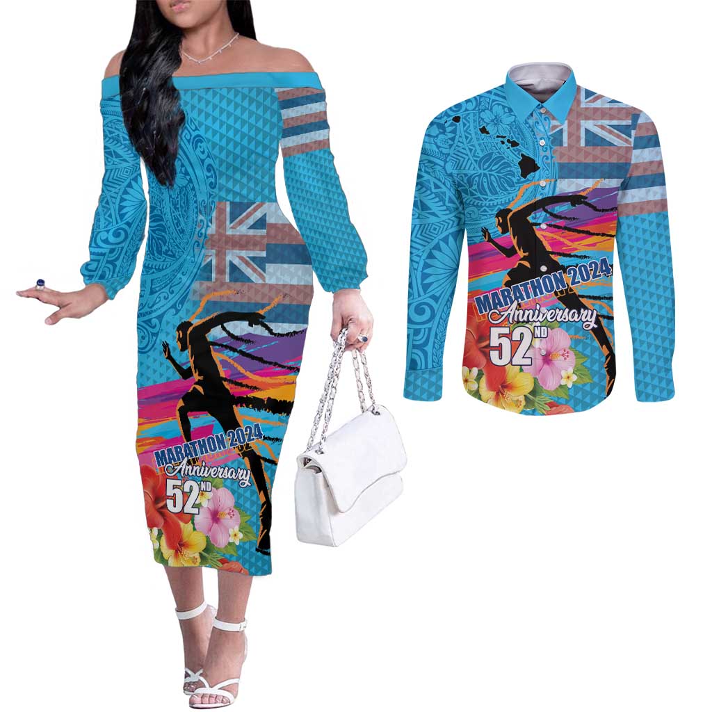 Honolulu Anniversary 52nd Running Couples Matching Off The Shoulder Long Sleeve Dress and Long Sleeve Button Shirt Marathon Competition Kakau Pattern Blue Color