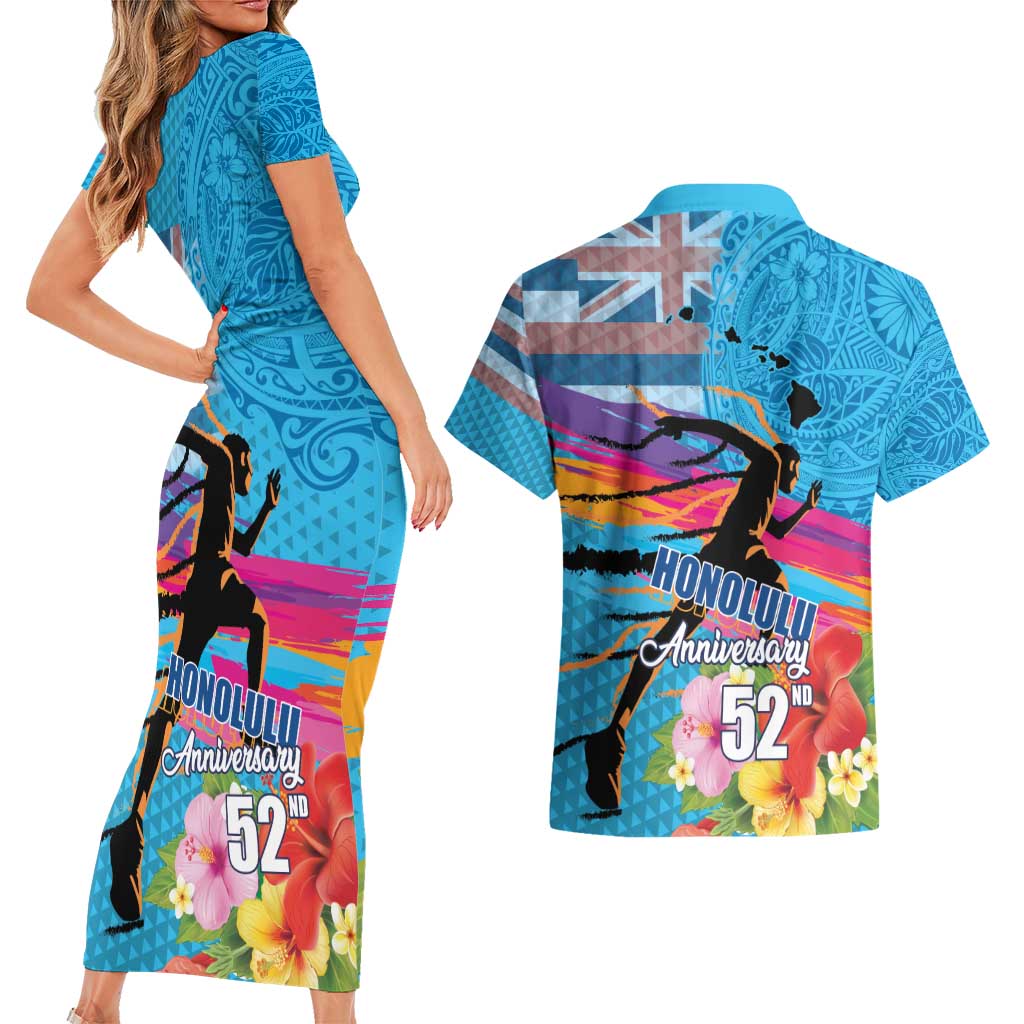 Honolulu Anniversary 52nd Running Couples Matching Short Sleeve Bodycon Dress and Hawaiian Shirt Marathon Competition Kakau Pattern Blue Color