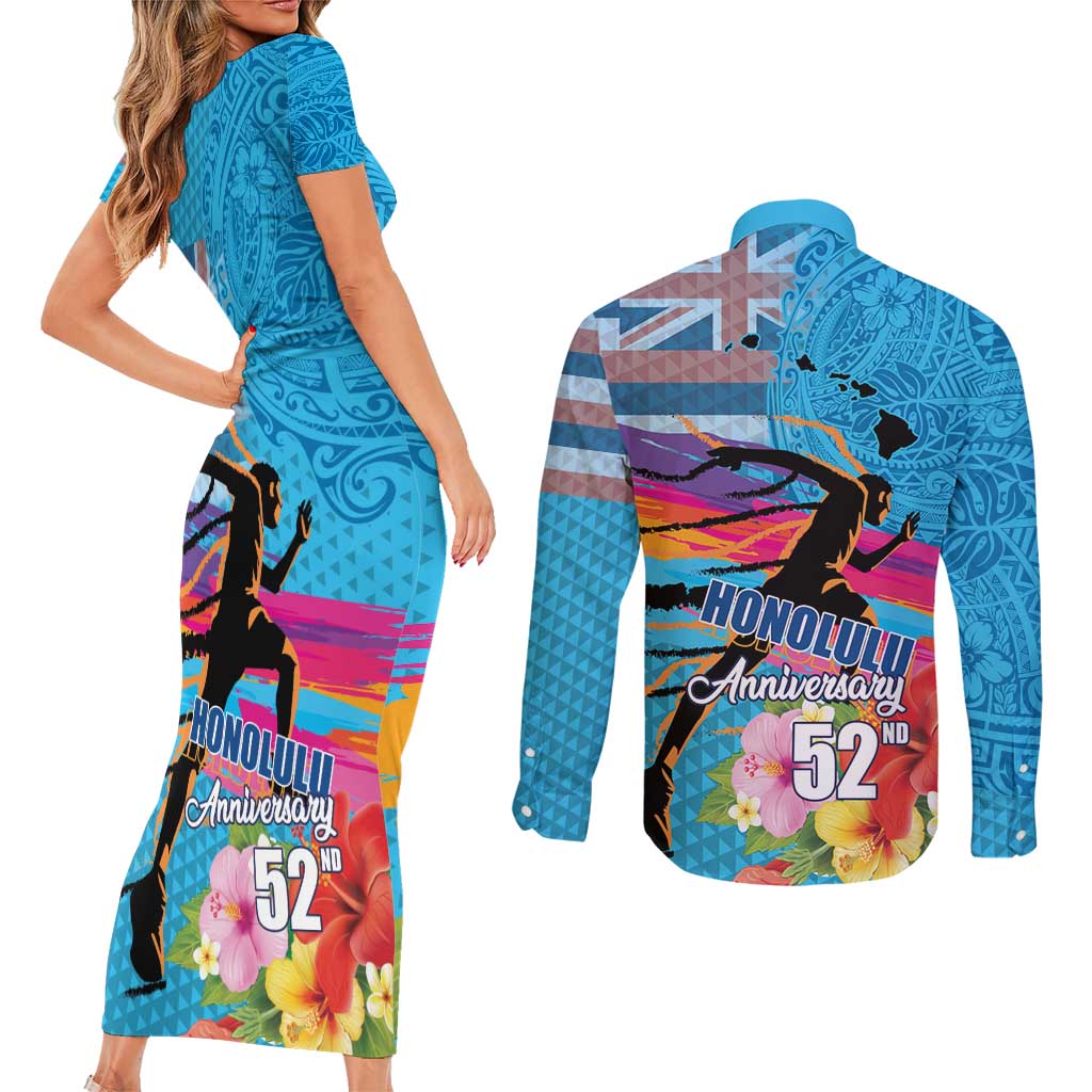 Honolulu Anniversary 52nd Running Couples Matching Short Sleeve Bodycon Dress and Long Sleeve Button Shirt Marathon Competition Kakau Pattern Blue Color