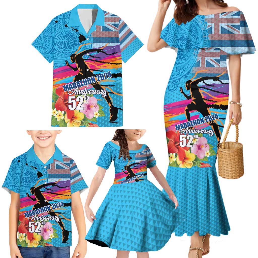 Honolulu Anniversary 52nd Running Family Matching Mermaid Dress and Hawaiian Shirt Marathon Competition Kakau Pattern Blue Color
