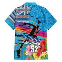 Honolulu Anniversary 52nd Running Family Matching Off The Shoulder Long Sleeve Dress and Hawaiian Shirt Marathon Competition Kakau Pattern Blue Color