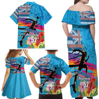 Honolulu Anniversary 52nd Running Family Matching Off Shoulder Maxi Dress and Hawaiian Shirt Marathon Competition Kakau Pattern Blue Color
