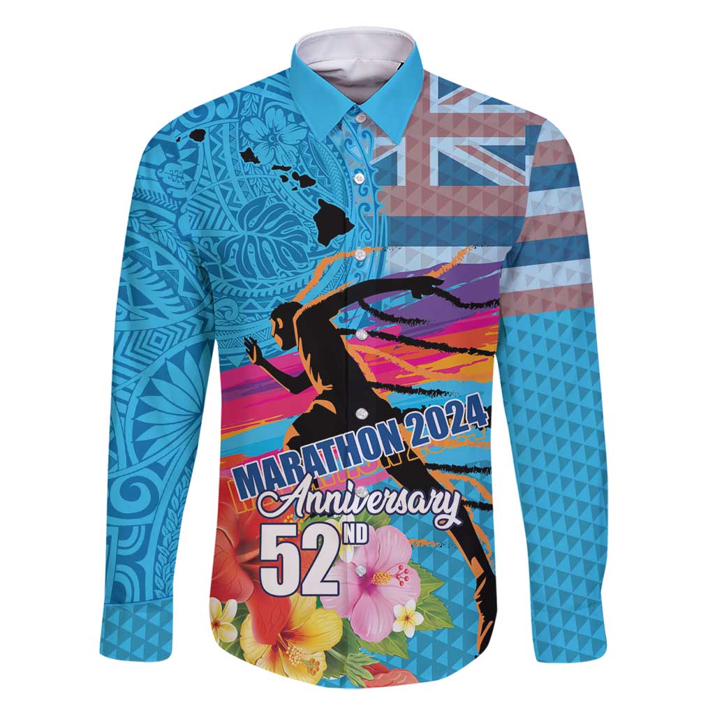 Honolulu Anniversary 52nd Running Family Matching Summer Maxi Dress and Hawaiian Shirt Marathon Competition Kakau Pattern Blue Color