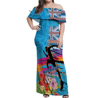 Honolulu Anniversary 52nd Running Off Shoulder Maxi Dress Marathon Competition Kakau Pattern Blue Color LT03 Women Blue - Polynesian Pride