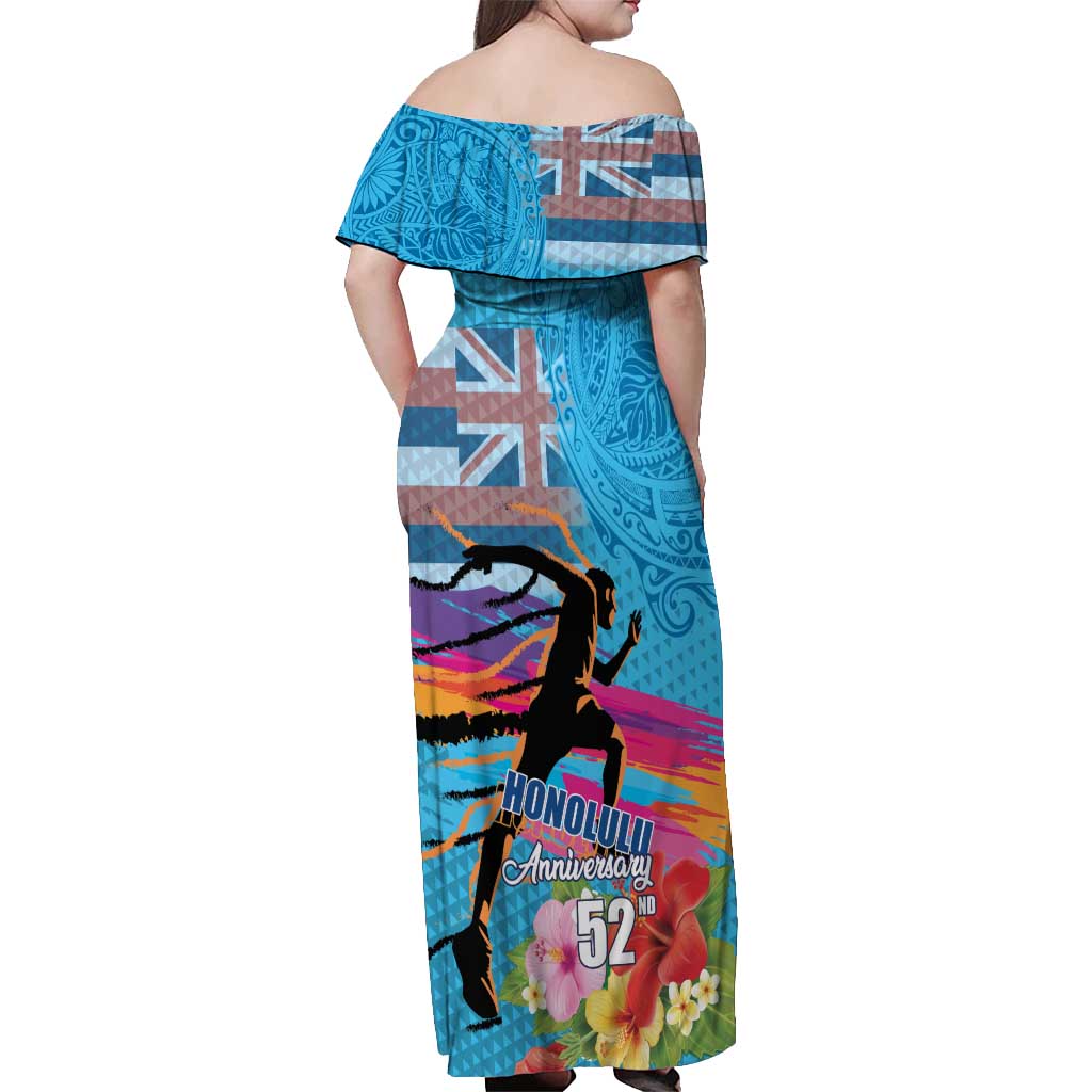 Honolulu Anniversary 52nd Running Off Shoulder Maxi Dress Marathon Competition Kakau Pattern Blue Color LT03 - Polynesian Pride