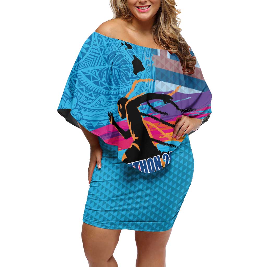Honolulu Anniversary 52nd Running Off Shoulder Short Dress Marathon Competition Kakau Pattern Blue Color LT03 Women Blue - Polynesian Pride