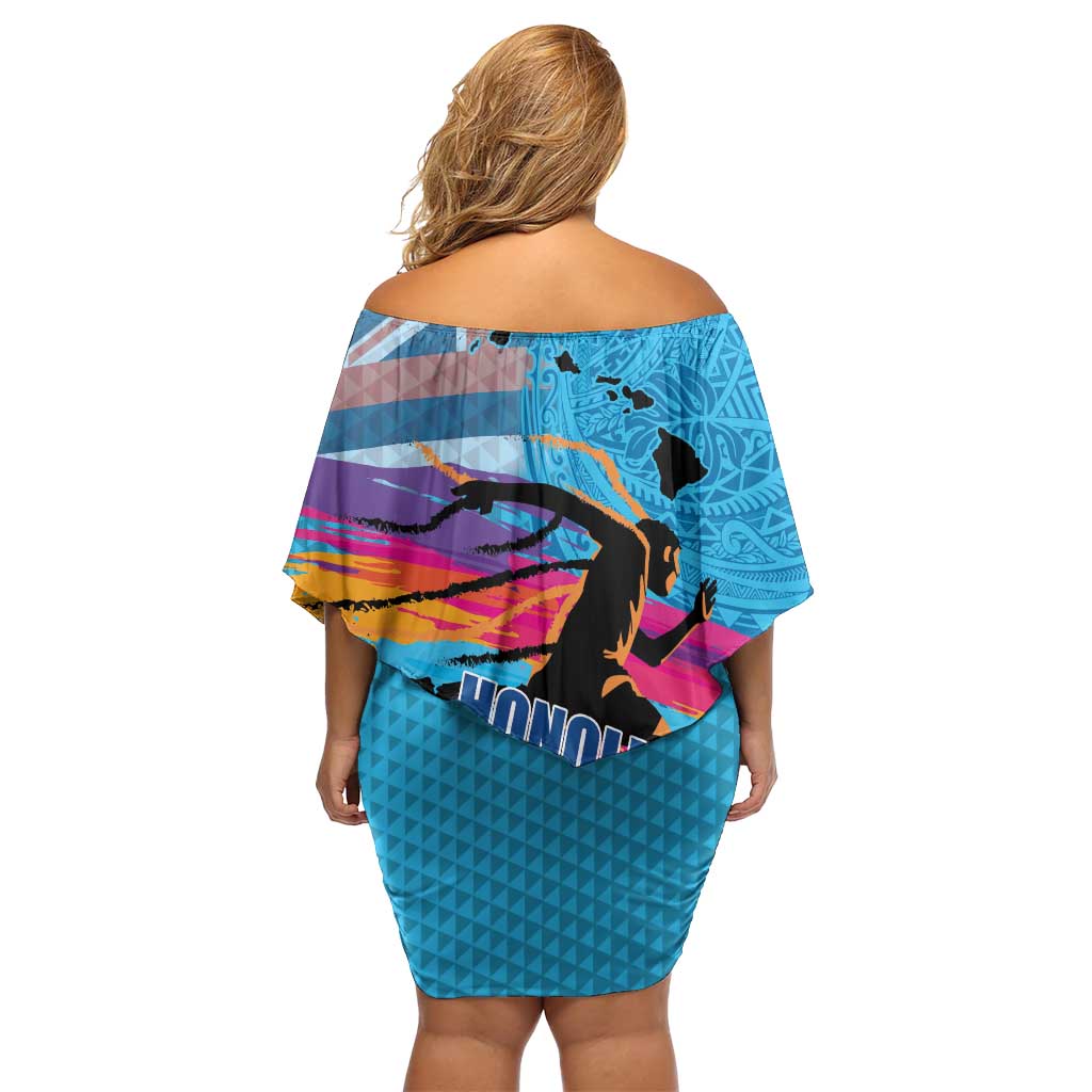 Honolulu Anniversary 52nd Running Off Shoulder Short Dress Marathon Competition Kakau Pattern Blue Color LT03 - Polynesian Pride