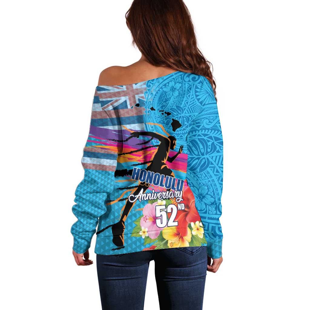 Honolulu Anniversary 52nd Running Off Shoulder Sweater Marathon Competition Kakau Pattern Blue Color