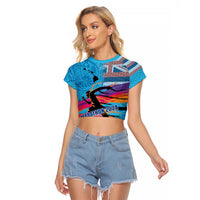Honolulu Anniversary 52nd Running Raglan Cropped T Shirt Marathon Competition Kakau Pattern Blue Color LT03 Female Blue - Polynesian Pride
