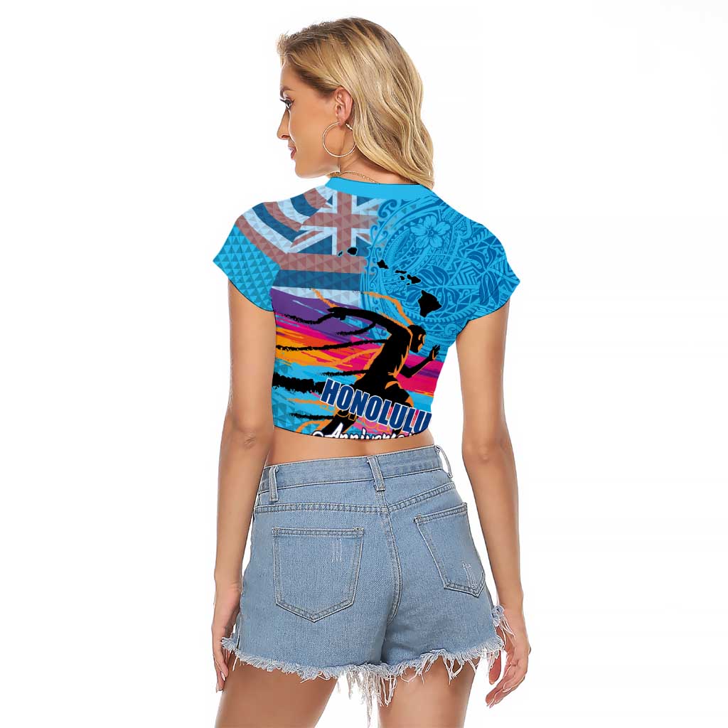 Honolulu Anniversary 52nd Running Raglan Cropped T Shirt Marathon Competition Kakau Pattern Blue Color LT03 - Polynesian Pride