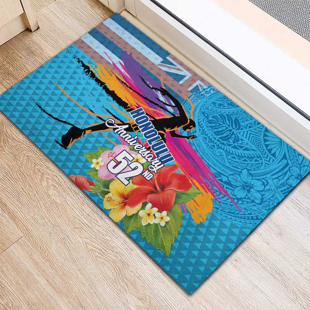 Honolulu Anniversary 52nd Running Rubber Doormat Marathon Competition Kakau Pattern Blue Color