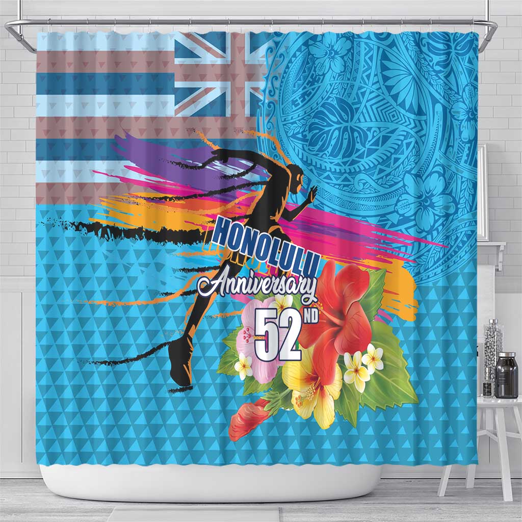 Honolulu Anniversary 52nd Running Shower Curtain Marathon Competition Kakau Pattern Blue Color