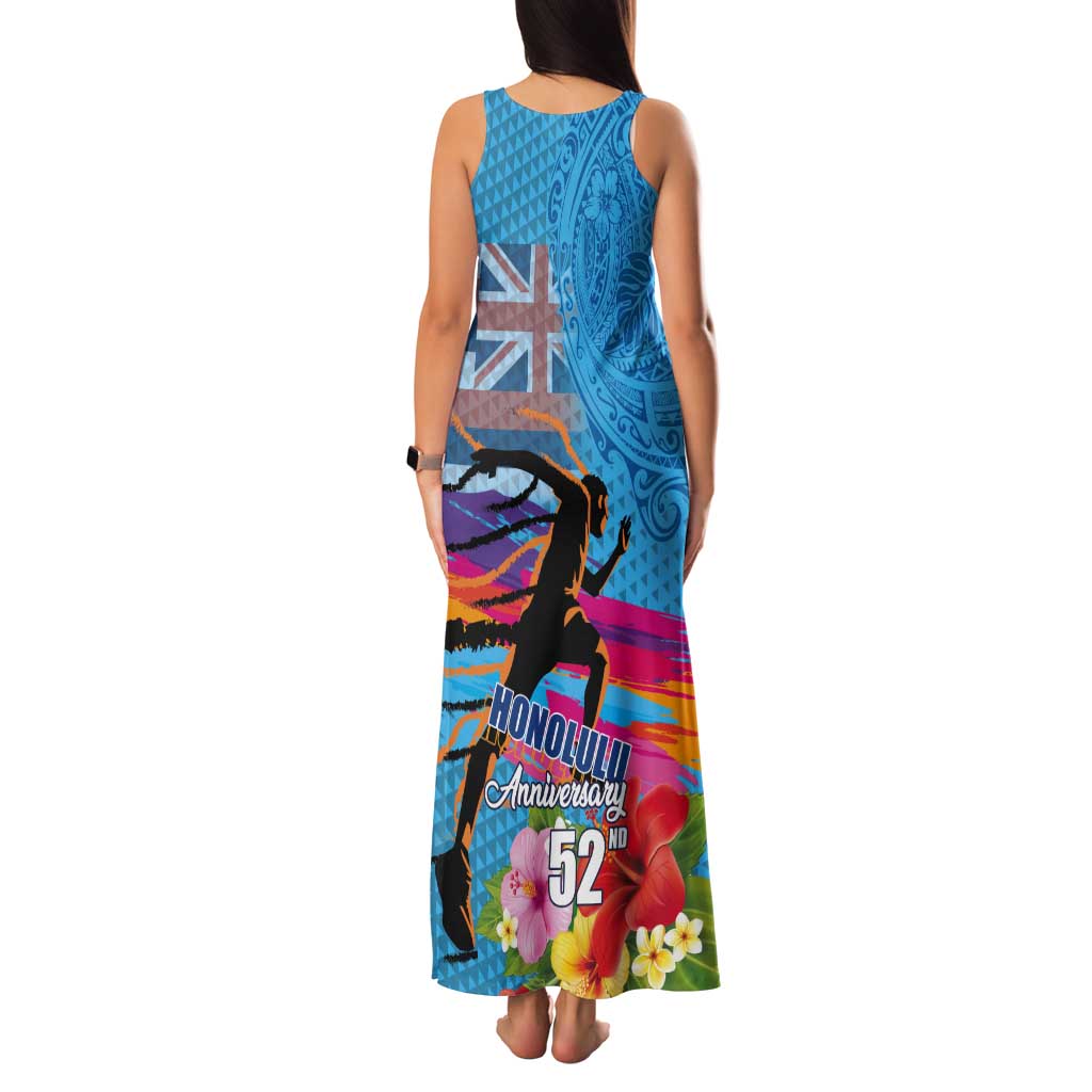 Honolulu Anniversary 52nd Running Tank Maxi Dress Marathon Competition Kakau Pattern Blue Color