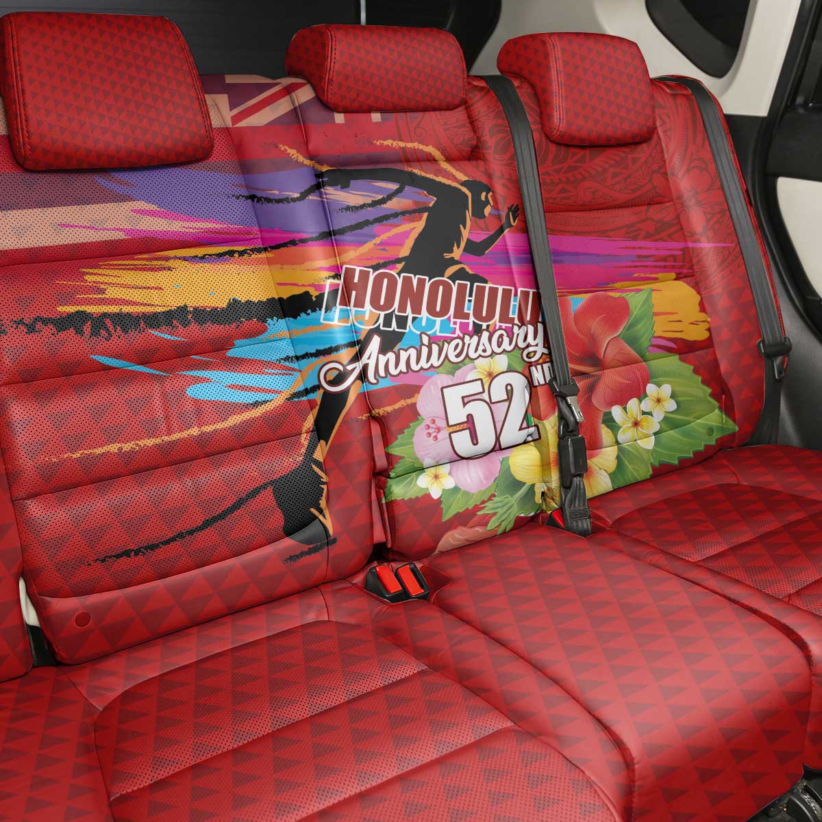 Honolulu Anniversary 52nd Running Back Car Seat Cover Marathon Competition Kakau Pattern Red Color
