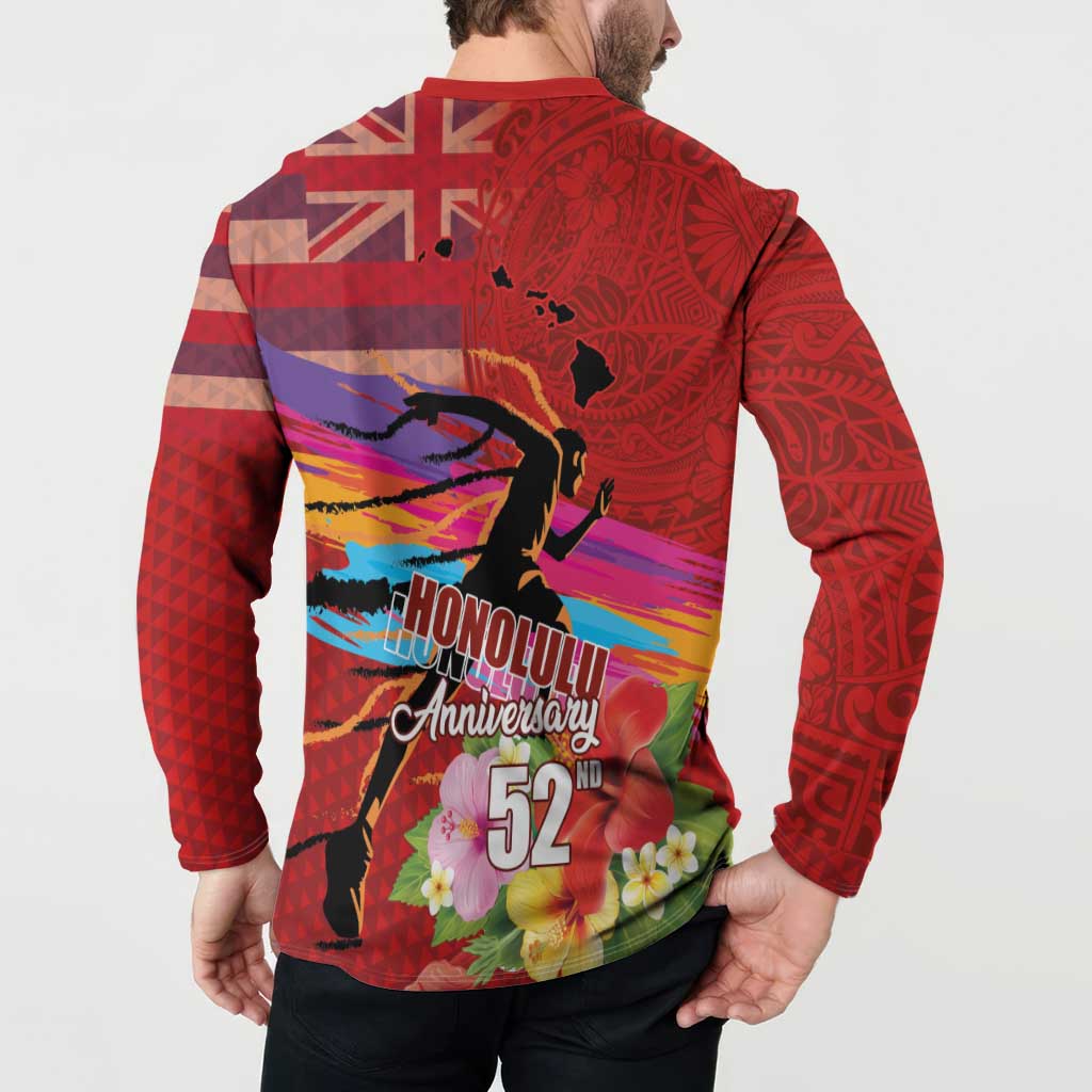 Honolulu Anniversary 52nd Running Button Sweatshirt Marathon Competition Kakau Pattern Red Color