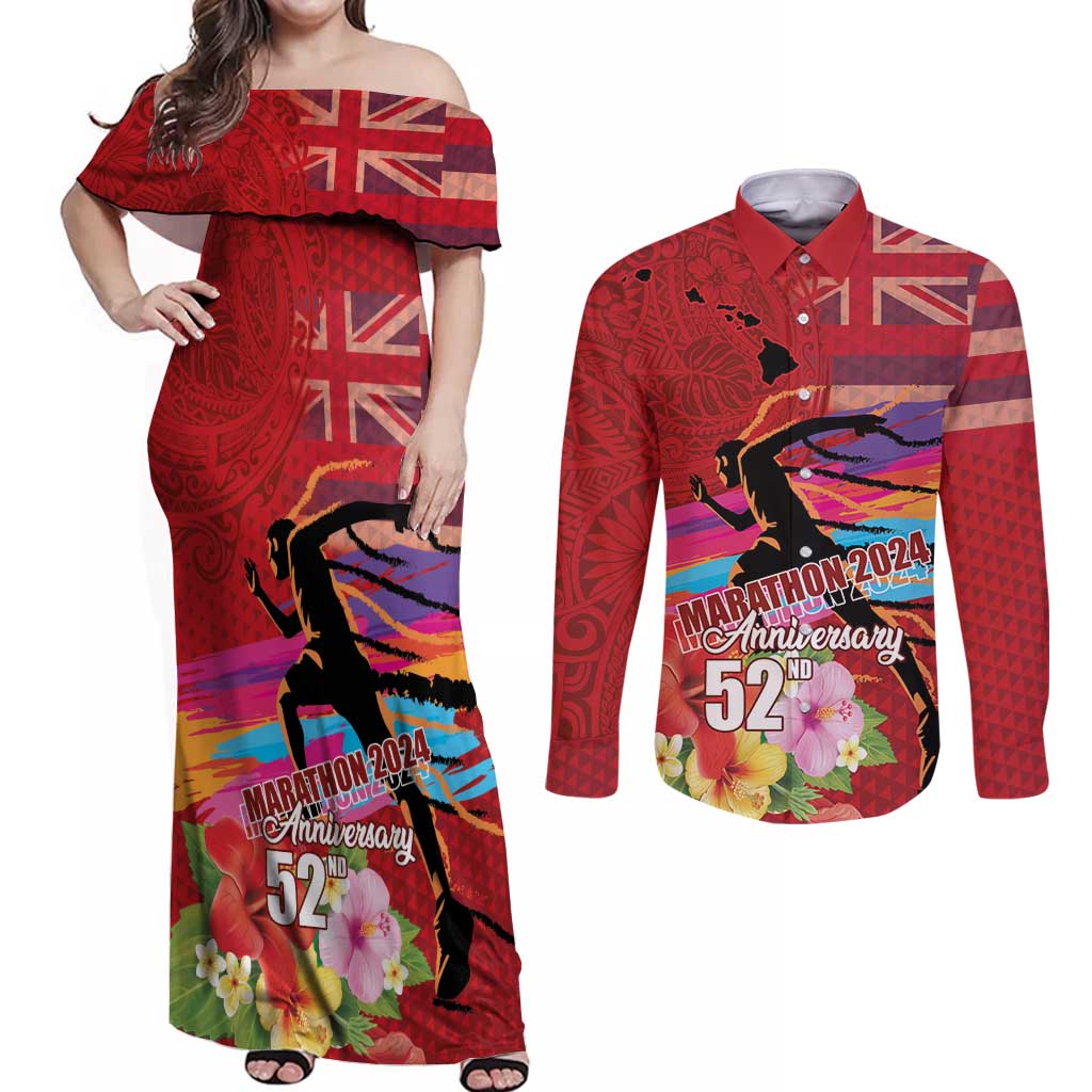 Honolulu Anniversary 52nd Running Couples Matching Off Shoulder Maxi Dress and Long Sleeve Button Shirt Marathon Competition Kakau Pattern Red Color