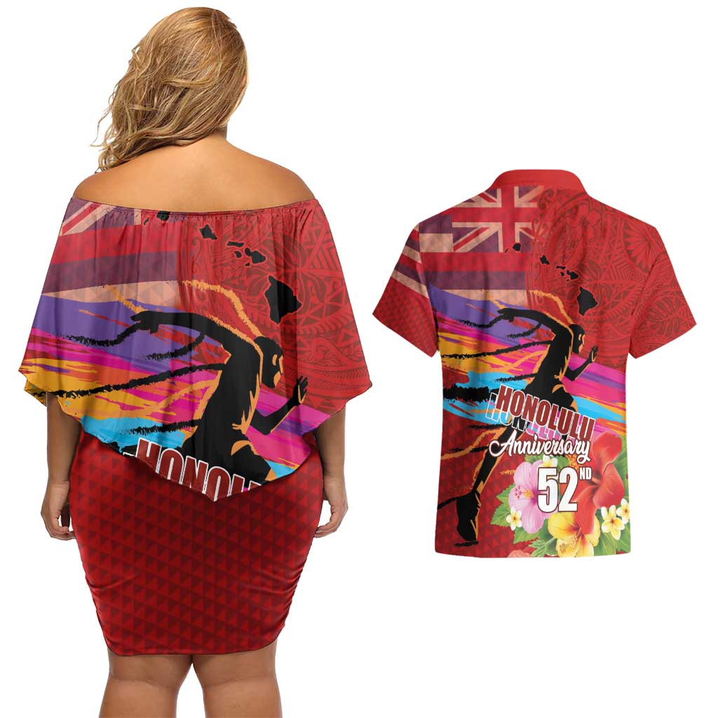 Honolulu Anniversary 52nd Running Couples Matching Off Shoulder Short Dress and Hawaiian Shirt Marathon Competition Kakau Pattern Red Color