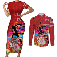 Honolulu Anniversary 52nd Running Couples Matching Short Sleeve Bodycon Dress and Long Sleeve Button Shirt Marathon Competition Kakau Pattern Red Color