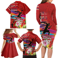 Honolulu Anniversary 52nd Running Family Matching Long Sleeve Bodycon Dress and Hawaiian Shirt Marathon Competition Kakau Pattern Red Color