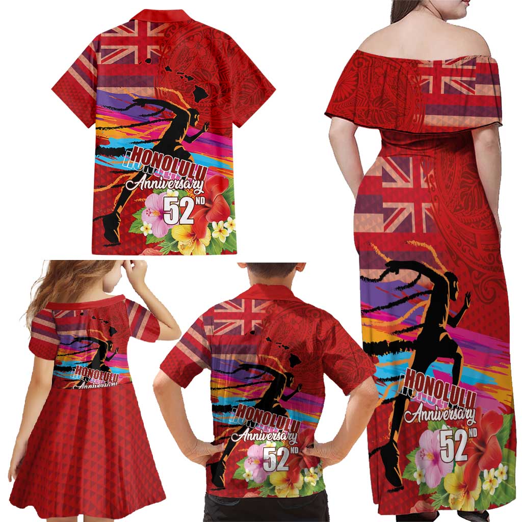 Honolulu Anniversary 52nd Running Family Matching Off Shoulder Maxi Dress and Hawaiian Shirt Marathon Competition Kakau Pattern Red Color