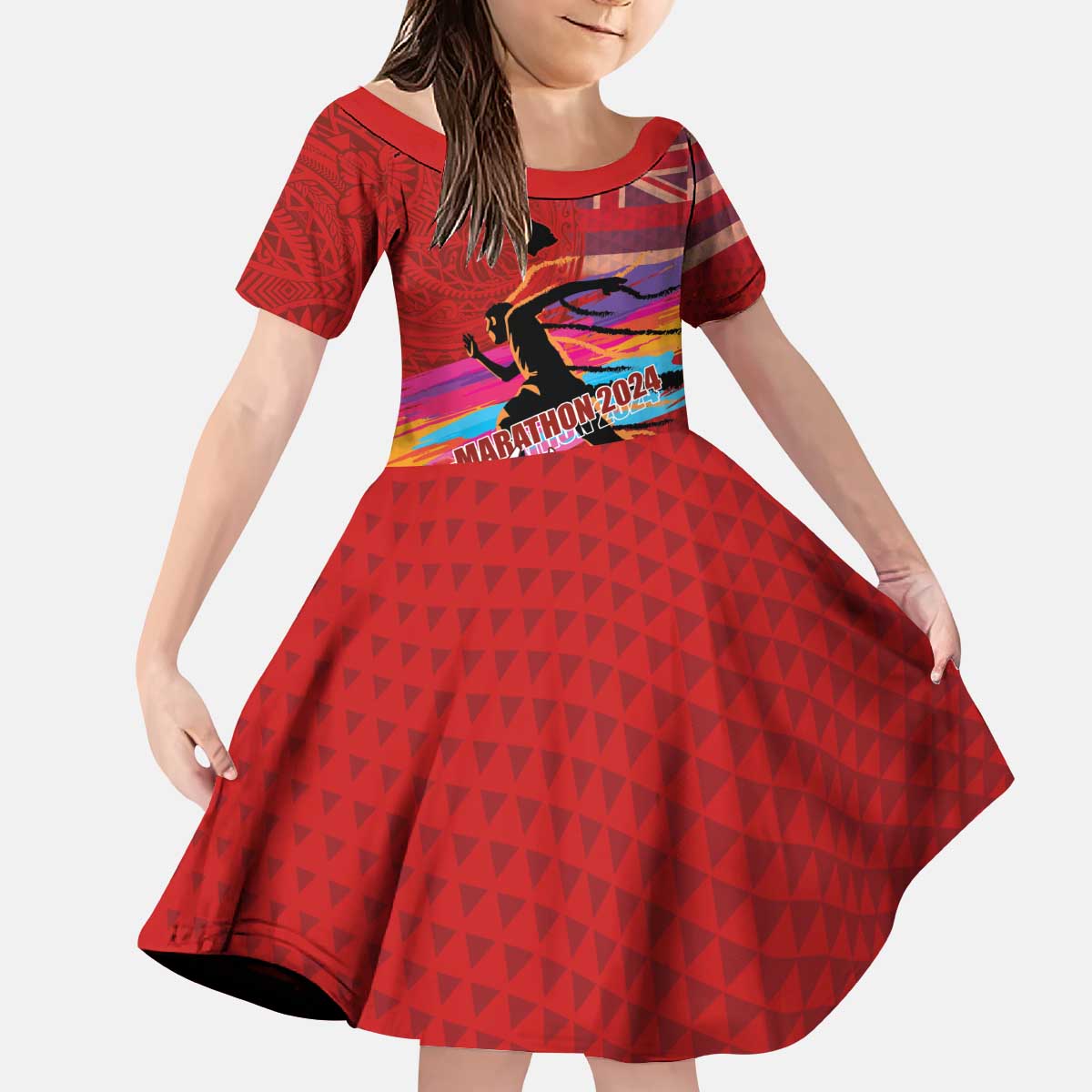 Honolulu Anniversary 52nd Running Kid Short Sleeve Dress Marathon Competition Kakau Pattern Red Color LT03 KID Red - Polynesian Pride