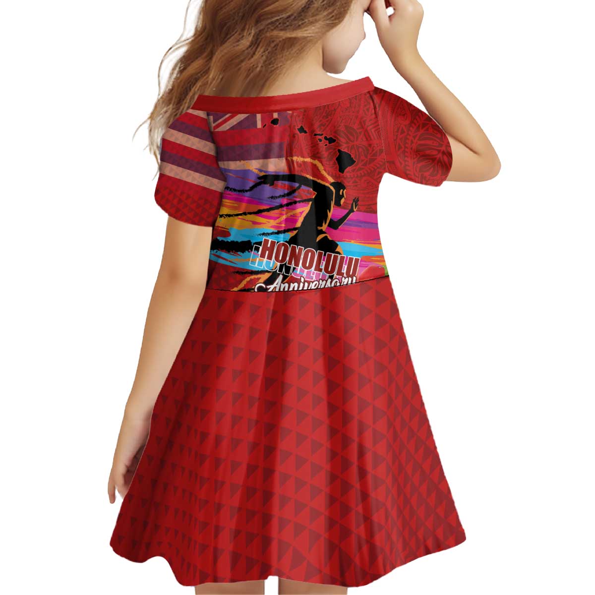 Honolulu Anniversary 52nd Running Kid Short Sleeve Dress Marathon Competition Kakau Pattern Red Color LT03 - Polynesian Pride