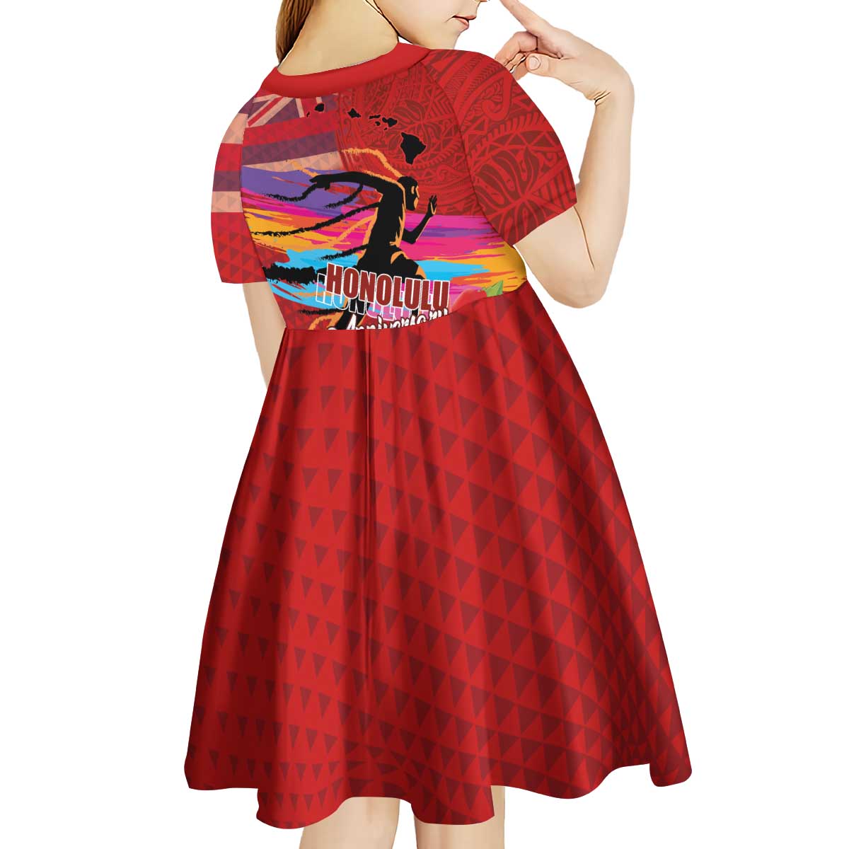 Honolulu Anniversary 52nd Running Kid Short Sleeve Dress Marathon Competition Kakau Pattern Red Color LT03 - Polynesian Pride