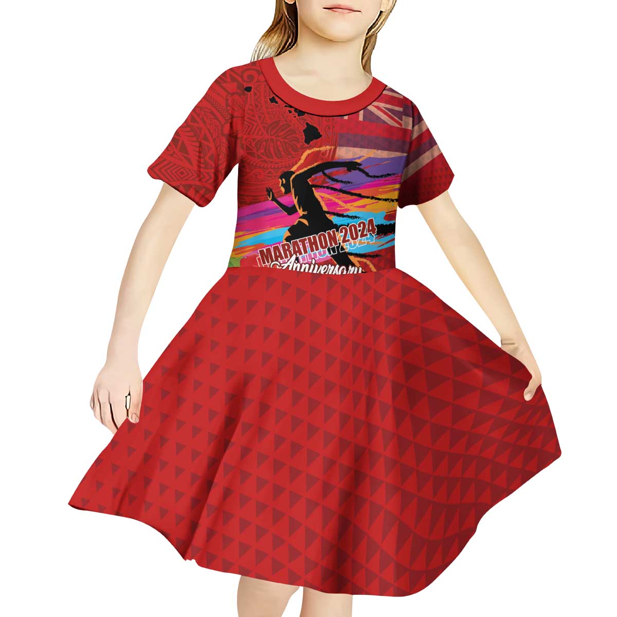 Honolulu Anniversary 52nd Running Kid Short Sleeve Dress Marathon Competition Kakau Pattern Red Color LT03 - Polynesian Pride