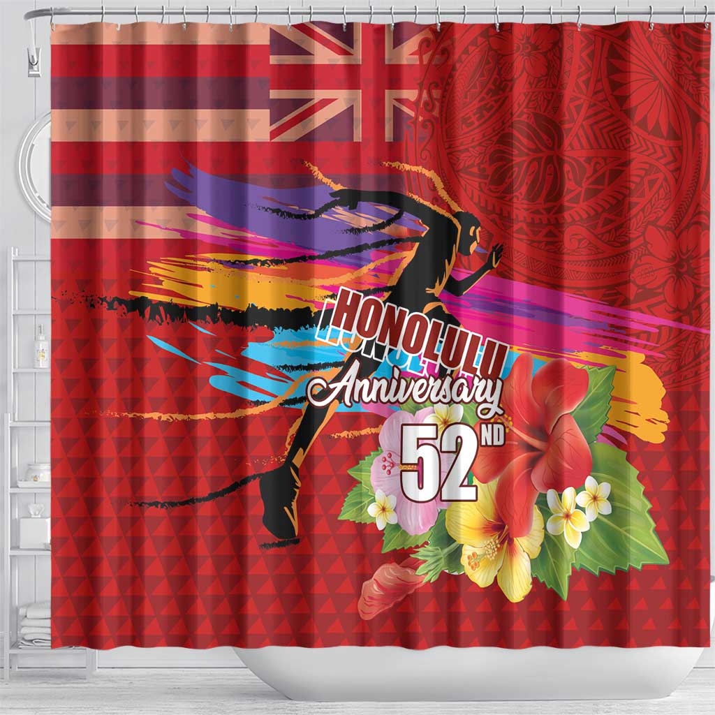 Honolulu Anniversary 52nd Running Shower Curtain Marathon Competition Kakau Pattern Red Color
