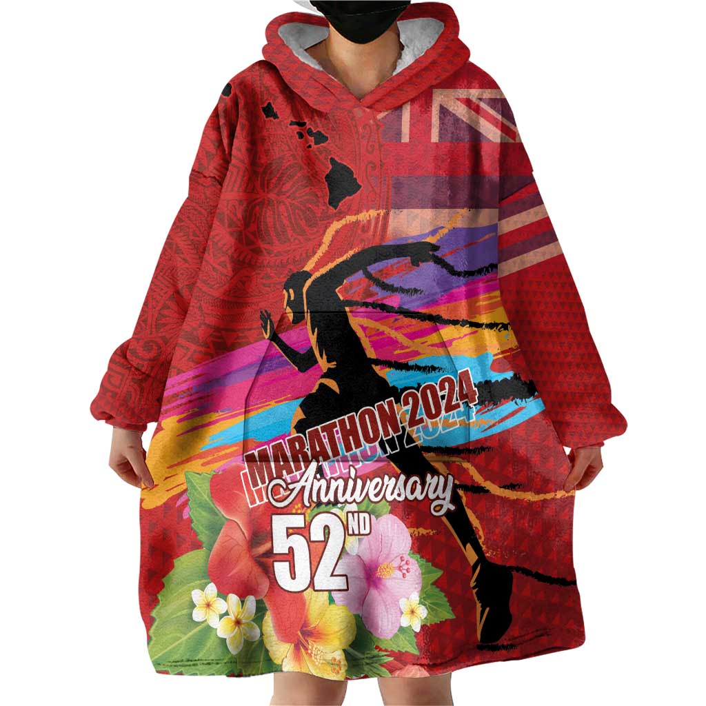 Honolulu Anniversary 52nd Running Wearable Blanket Hoodie Marathon Competition Kakau Pattern Red Color