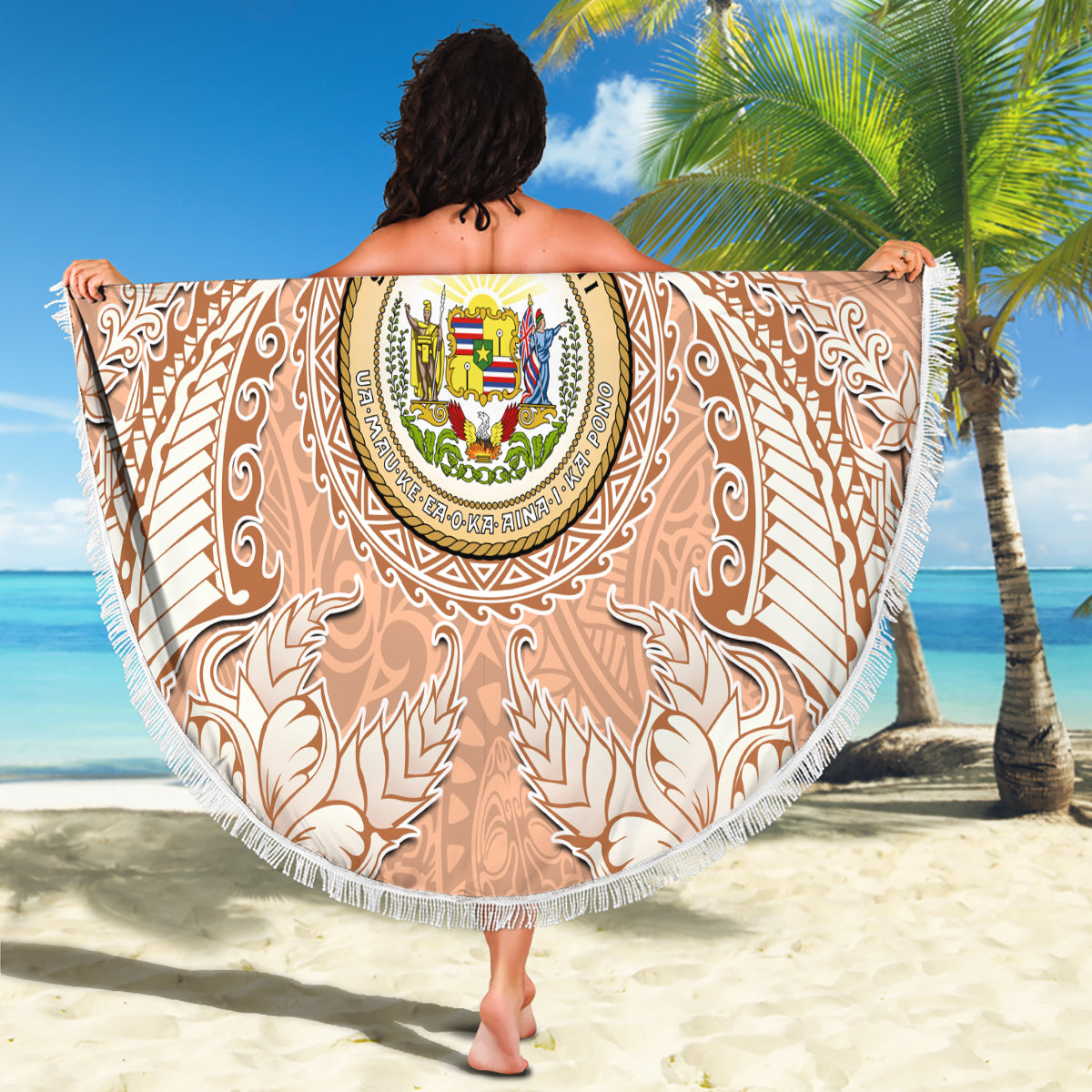 Hawaii Tropical Flowers with Kakau Tribal Beach Blanket Peach Fuzz Color LT03 - Polynesian Pride