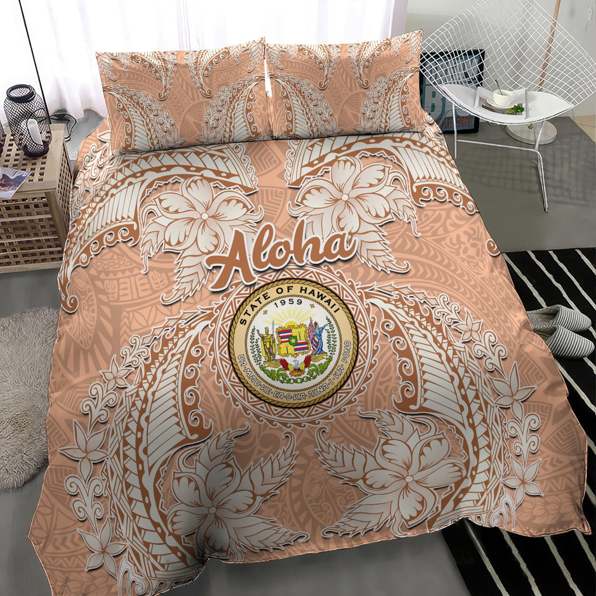 Hawaii Tropical Flowers with Kakau Tribal Bedding Set Peach Fuzz Color LT03 - Polynesian Pride