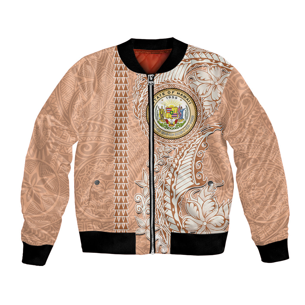 Hawaii Tropical Flowers with Kakau Tribal Bomber Jacket Peach Fuzz Color LT03 Unisex Peach Fuzz - Polynesian Pride