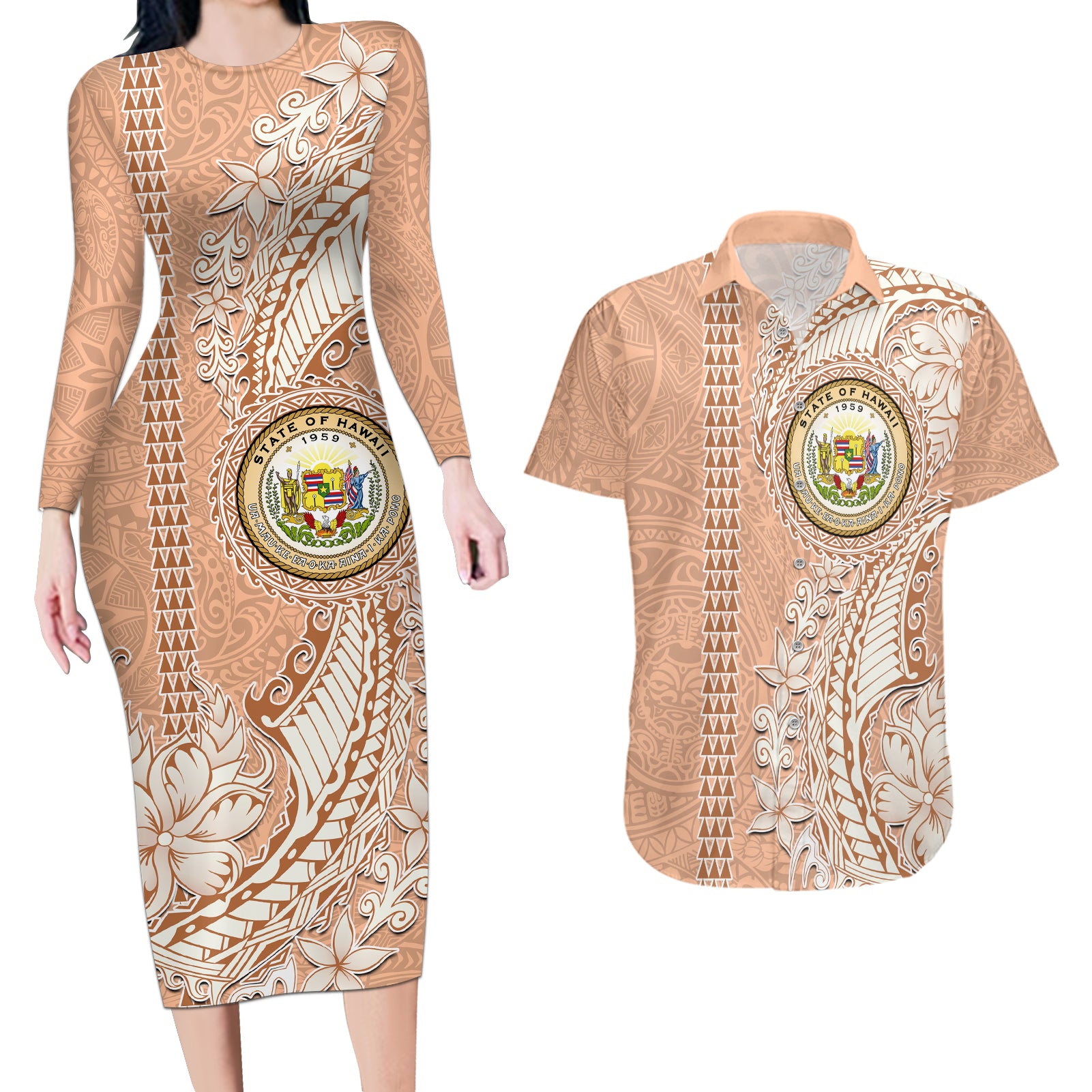 Hawaii Tropical Flowers with Kakau Tribal Couples Matching Long Sleeve Bodycon Dress and Hawaiian Shirt Peach Fuzz Color LT03 Peach Fuzz - Polynesian Pride