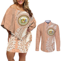 Hawaii Tropical Flowers with Kakau Tribal Couples Matching Off Shoulder Short Dress and Long Sleeve Button Shirt Peach Fuzz Color LT03 Peach Fuzz - Polynesian Pride