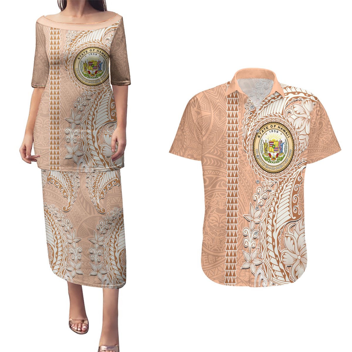 Hawaii Tropical Flowers with Kakau Tribal Couples Matching Puletasi Dress and Hawaiian Shirt Peach Fuzz Color LT03 Peach Fuzz - Polynesian Pride