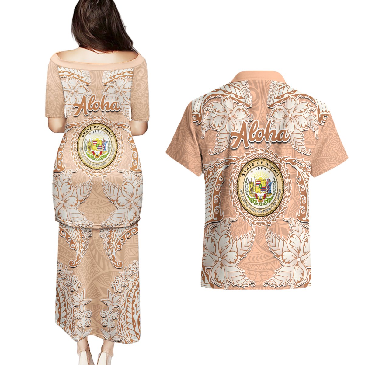 Hawaii Tropical Flowers with Kakau Tribal Couples Matching Puletasi Dress and Hawaiian Shirt Peach Fuzz Color LT03 - Polynesian Pride