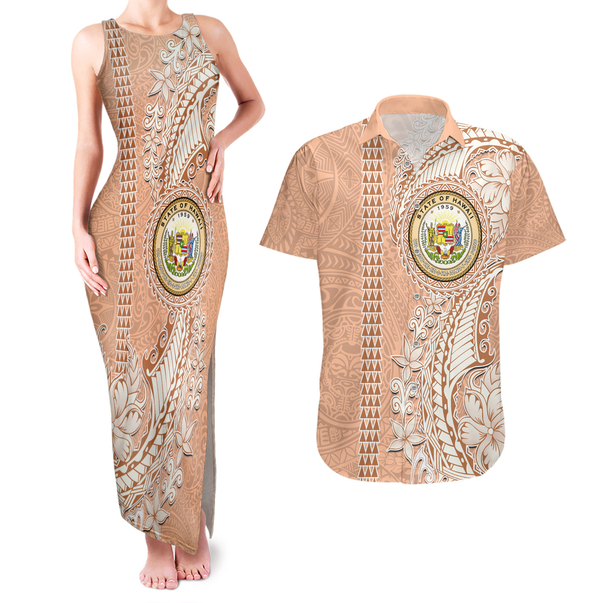 Hawaii Tropical Flowers with Kakau Tribal Couples Matching Tank Maxi Dress and Hawaiian Shirt Peach Fuzz Color LT03 Peach Fuzz - Polynesian Pride