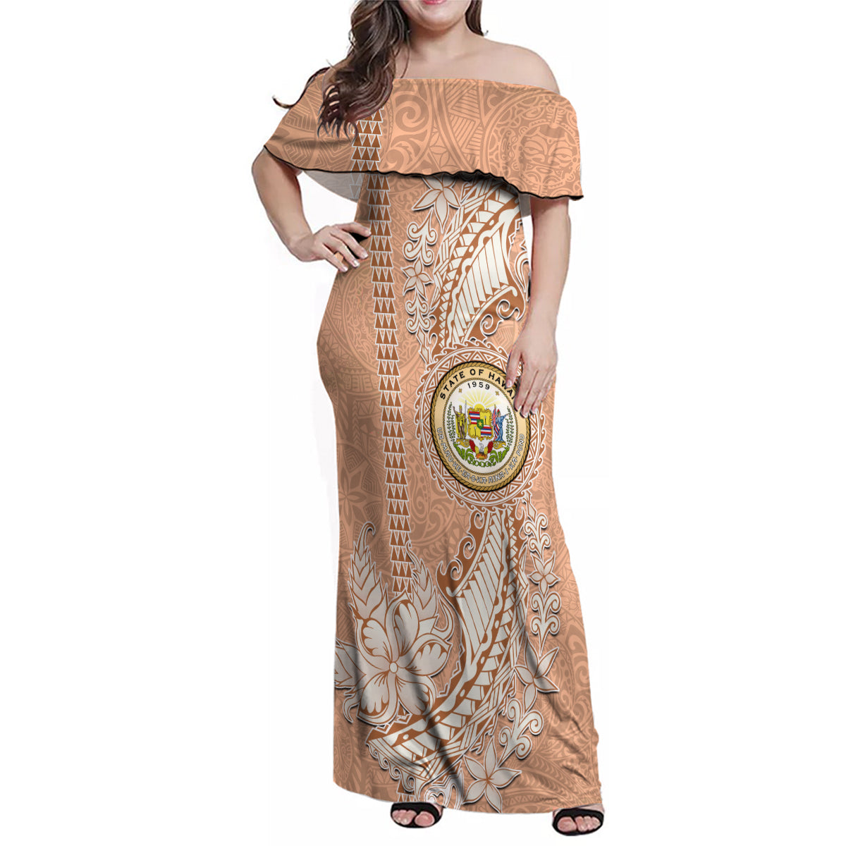 Hawaii Tropical Flowers with Kakau Tribal Family Matching Off Shoulder Maxi Dress and Hawaiian Shirt Peach Fuzz Color LT03 Mom's Dress Peach Fuzz - Polynesian Pride