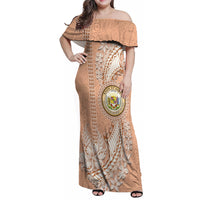 Hawaii Tropical Flowers with Kakau Tribal Family Matching Off Shoulder Maxi Dress and Hawaiian Shirt Peach Fuzz Color LT03 Mom's Dress Peach Fuzz - Polynesian Pride