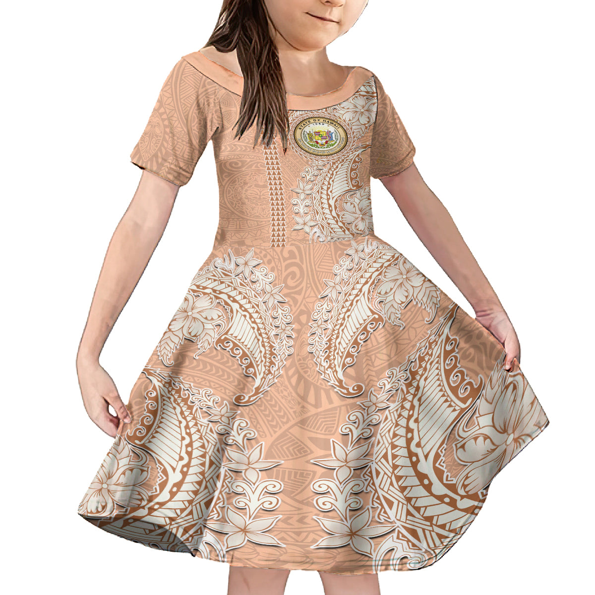 Hawaii Tropical Flowers with Kakau Tribal Family Matching Off Shoulder Short Dress and Hawaiian Shirt Peach Fuzz Color LT03 Daughter's Dress Peach Fuzz - Polynesian Pride