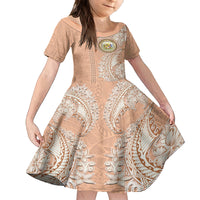 Hawaii Tropical Flowers with Kakau Tribal Family Matching Tank Maxi Dress and Hawaiian Shirt Peach Fuzz Color LT03 Daughter's Dress Peach Fuzz - Polynesian Pride