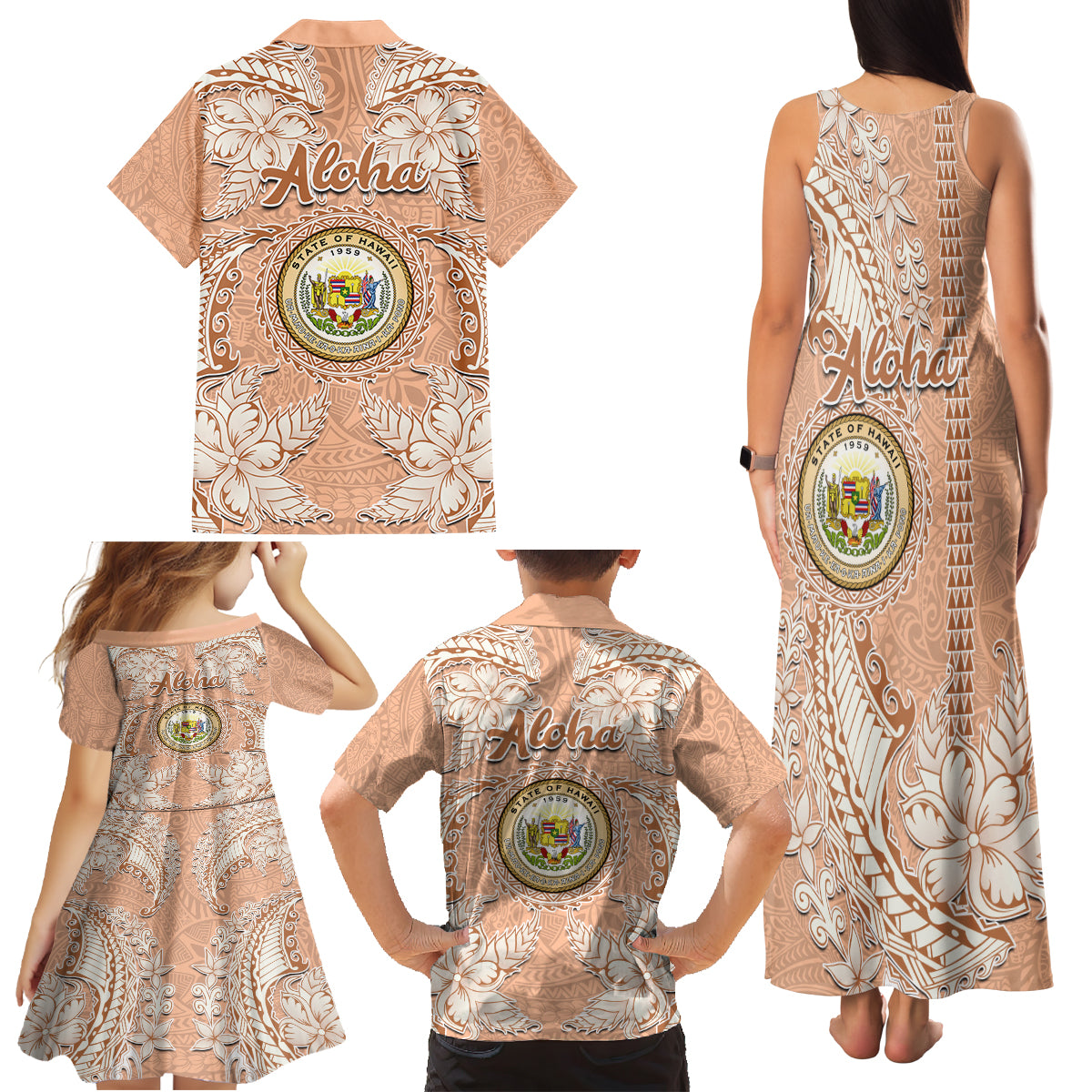 Hawaii Tropical Flowers with Kakau Tribal Family Matching Tank Maxi Dress and Hawaiian Shirt Peach Fuzz Color LT03 - Polynesian Pride