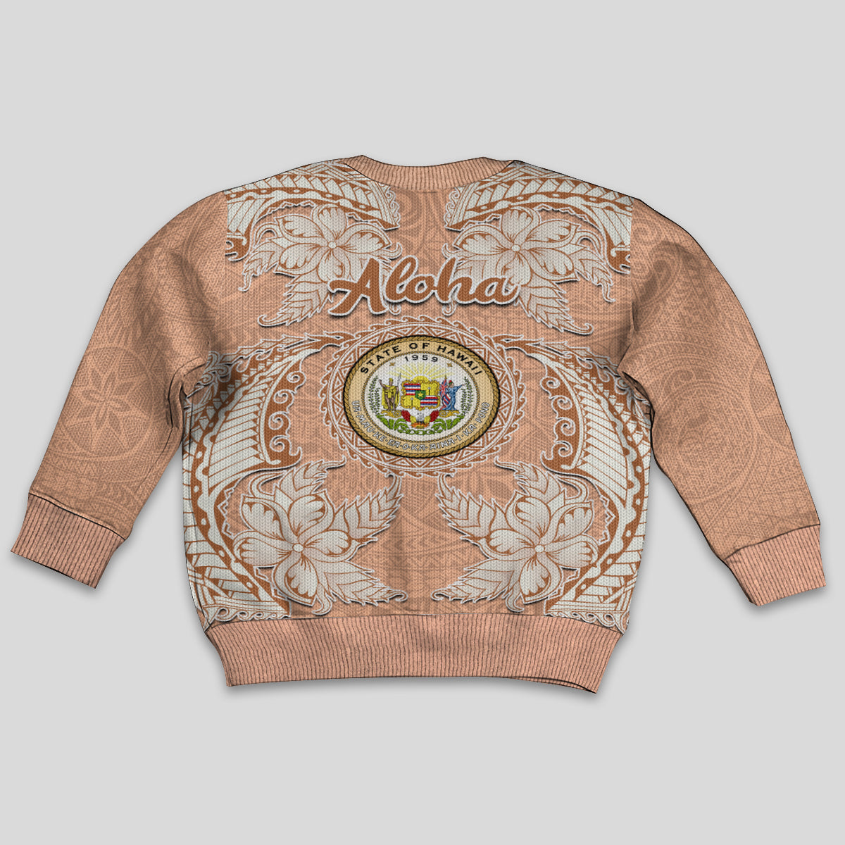 Hawaii Tropical Flowers with Kakau Tribal Kid Ugly Christmas Sweater Peach Fuzz Color LT03 - Polynesian Pride