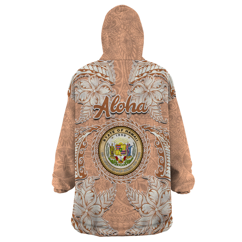 Hawaii Tropical Flowers with Kakau Tribal Wearable Blanket Hoodie Peach Fuzz Color LT03 - Polynesian Pride